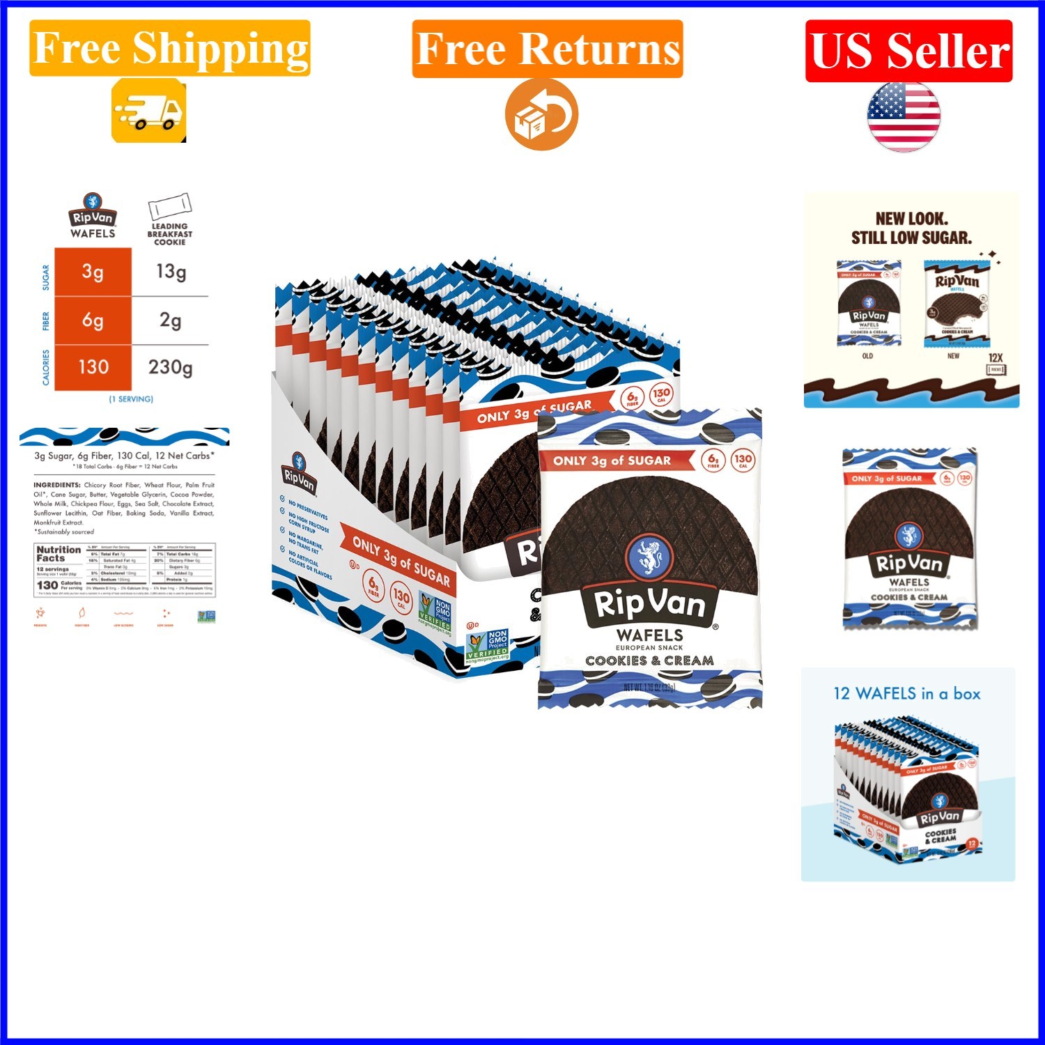 Cookies & Cream Stroopwafels, Healthy, Low Sugar, Keto, 12 Pack
