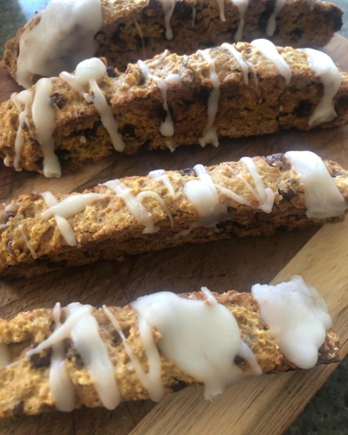 Delicious Pumpkin Spice Biscotti with Mini Chocolate Chips & White Choc Drizzle