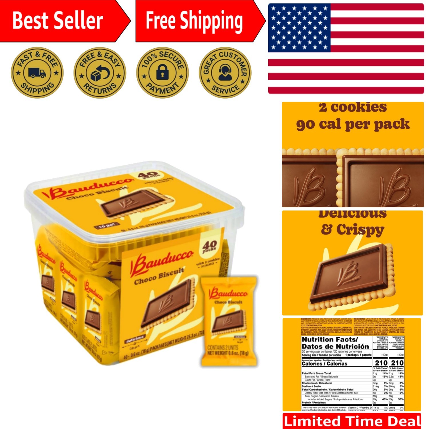 Crispy Chocolate-Covered Biscuits – 40 Individually Wrapped Snacks in Tub