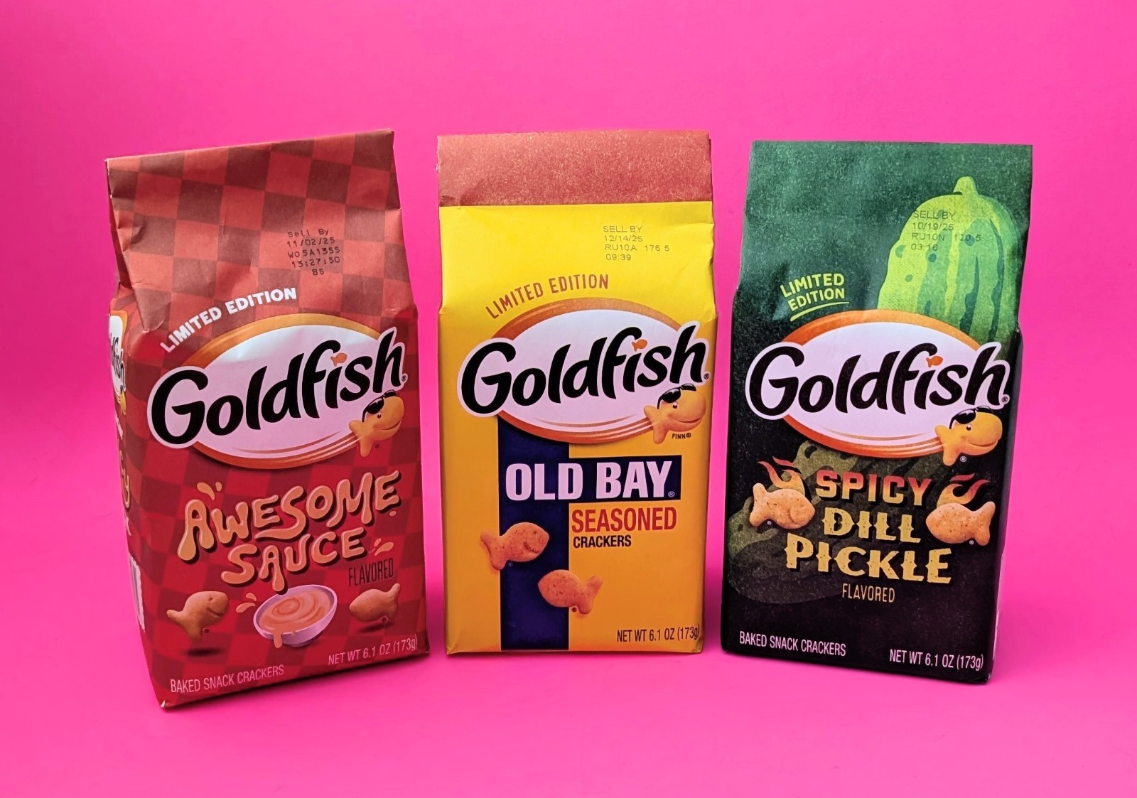 Goldfish Limited Edition AWESOME SAUCE, OLD BAY, SPICY DILL PICKLE (1 of Each)