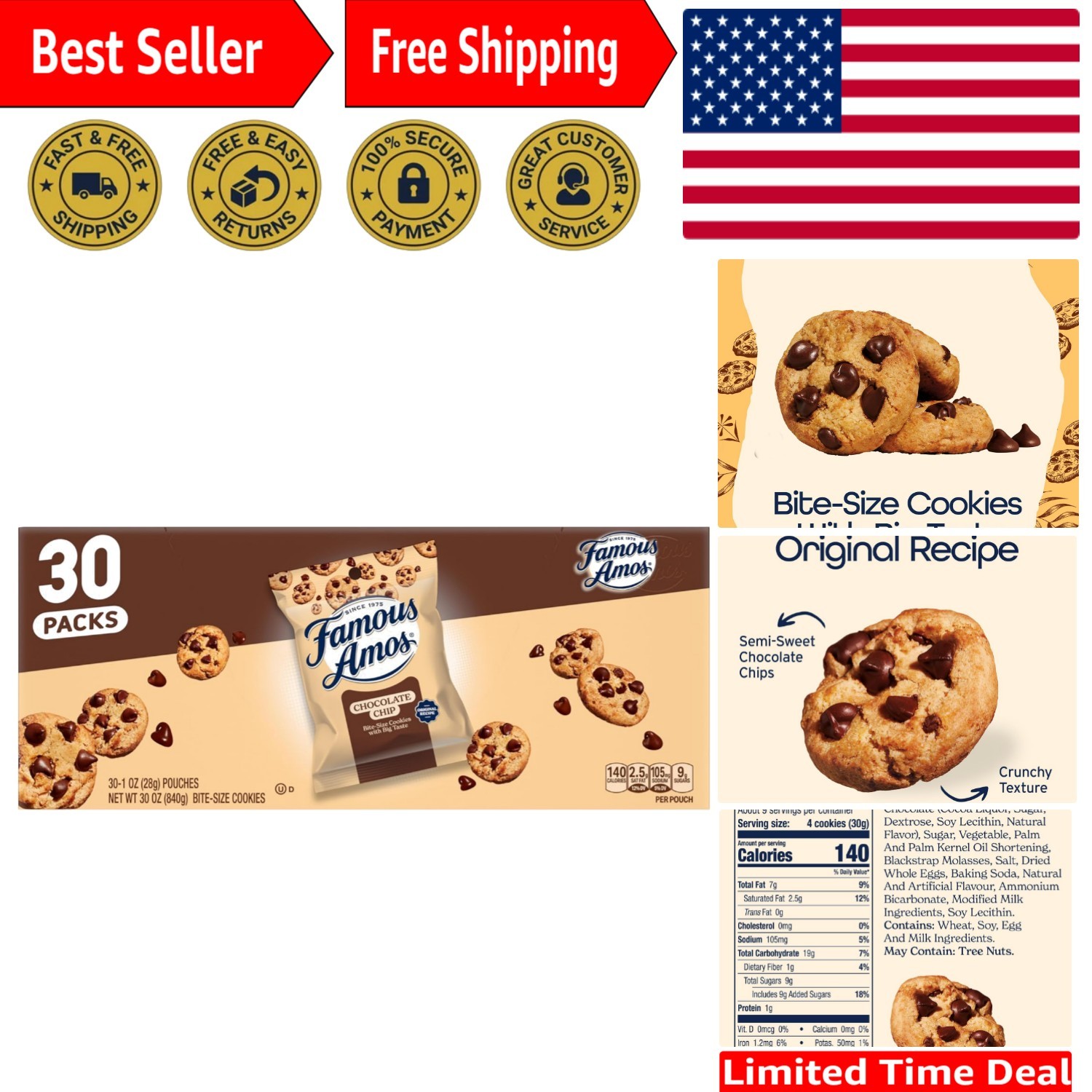 Individually Wrapped Chocolate Chip Cookie Snack Packs – 30 Count for Freshness