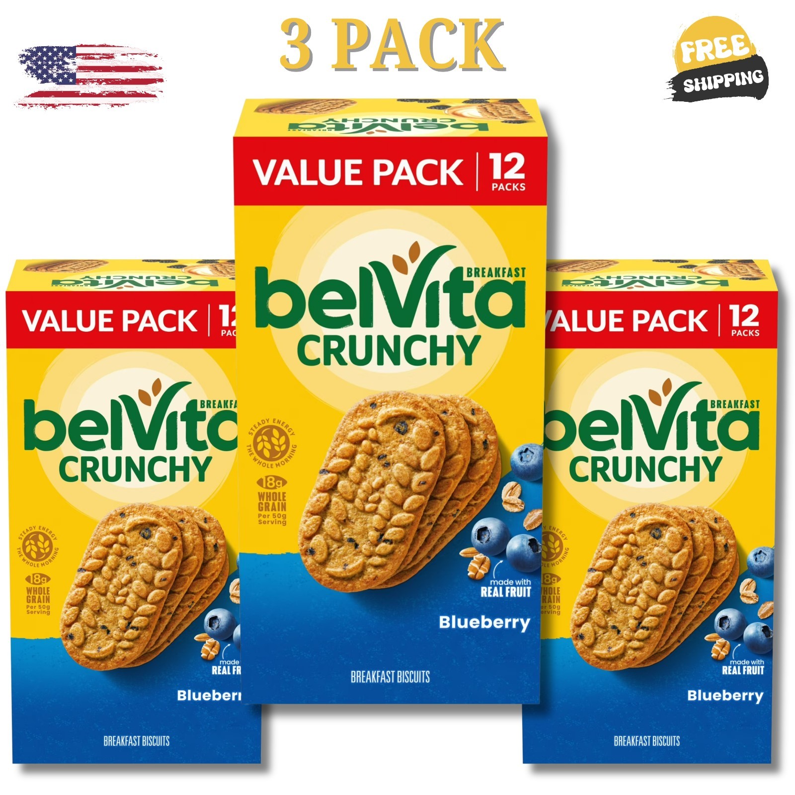 belVita Blueberry Breakfast Biscuits, Value Pack, 36 Packs (4 Biscuits Per Pack)