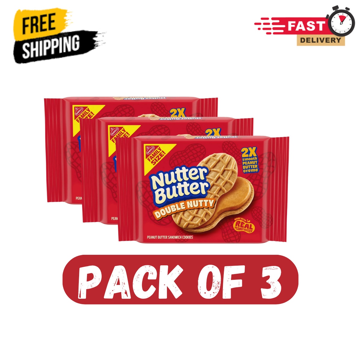 NUTTER BUTTER Double Peanut Sandwich Cookies Family Size, 15.27 oz (Pack of 3),