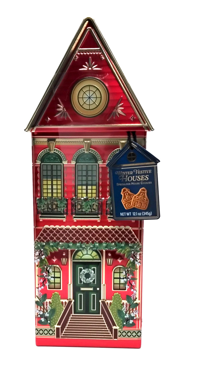Speculoos Holiday House Cookie Tin RED Christmas Winter Festive Gift 12.1 Oz