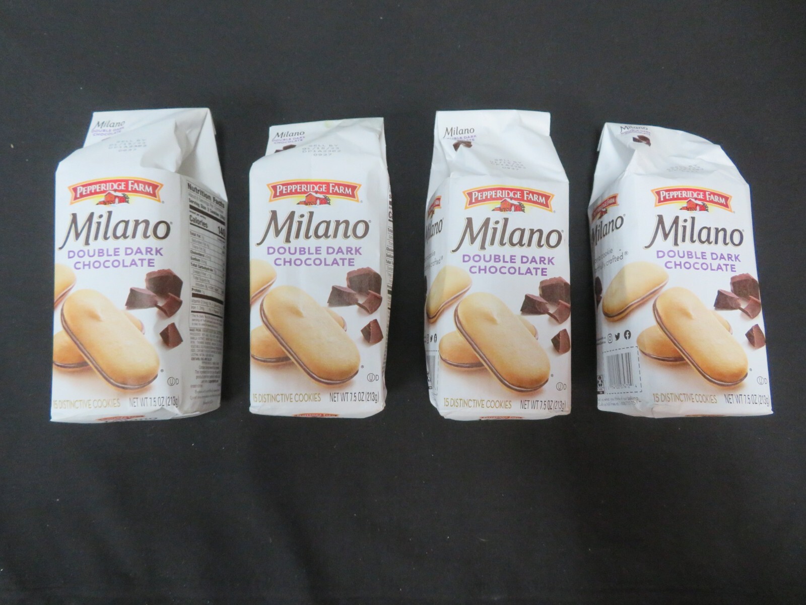 (4) Packs of Pepperidge Farm Milano Cookies Double Dark Chocolate 7.5 Oz Each !