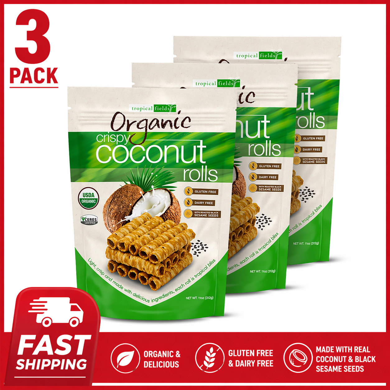3 PACK Tropical Fields Organic Crispy Coconut Rolls 11oz Gluten-Free Snack