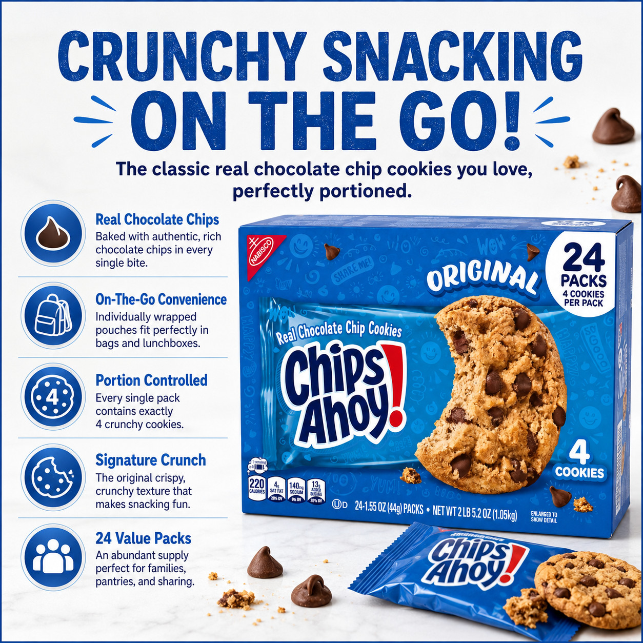 Chips Ahoy! Cookies, Chocolate Chip, 1.55 oz, 24-count