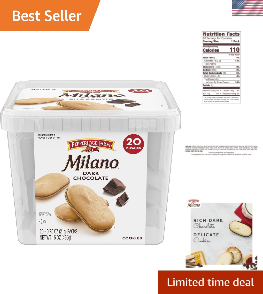 Pepperidge Farm Dark Chocolate Milano Cookies – 20 Packs, Ideal for Snacking