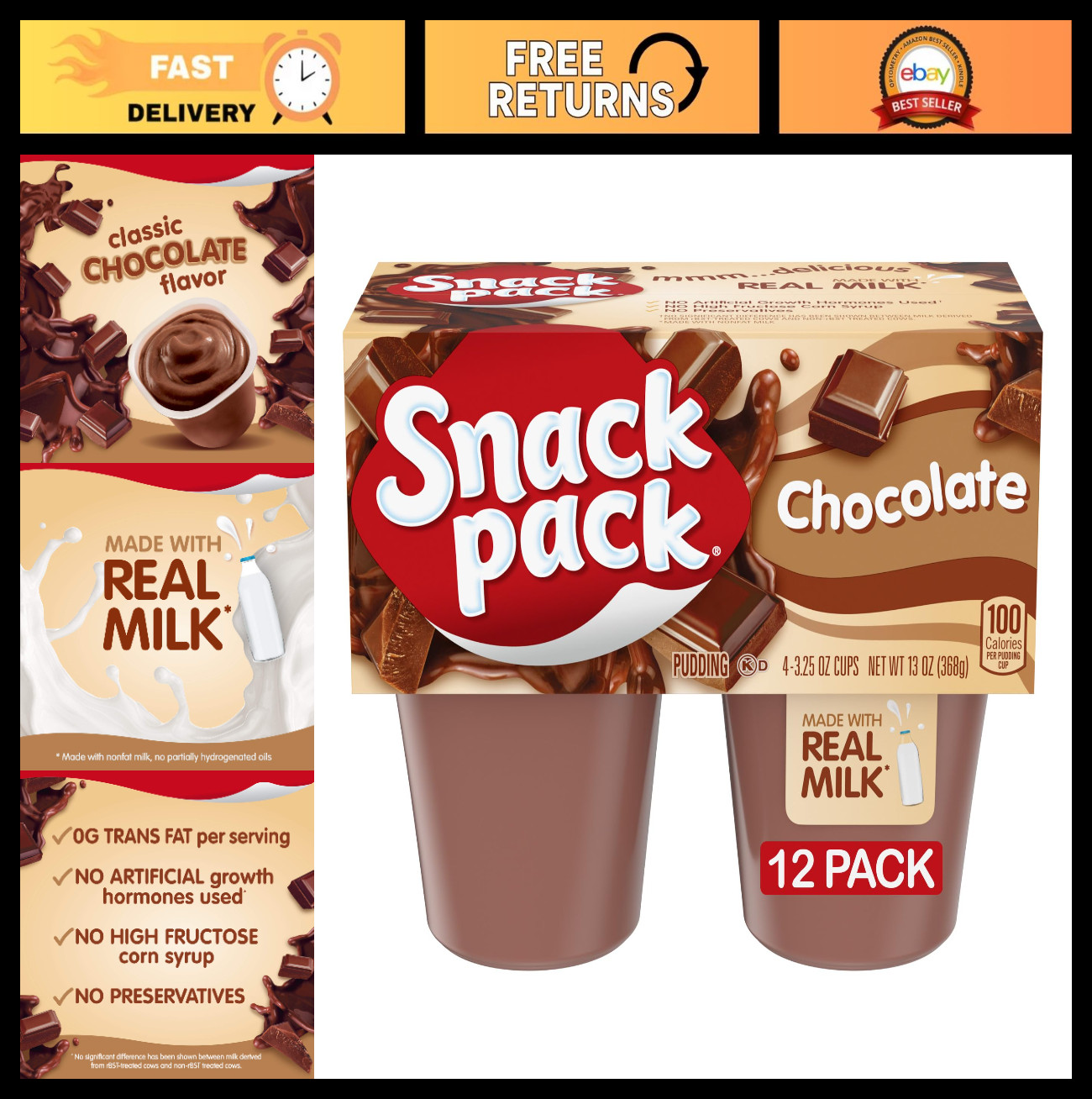 Chocolate Pudding Cups, 3.25 oz, 4-Count, Creamy Dessert Snack, Bulk Pack of 12