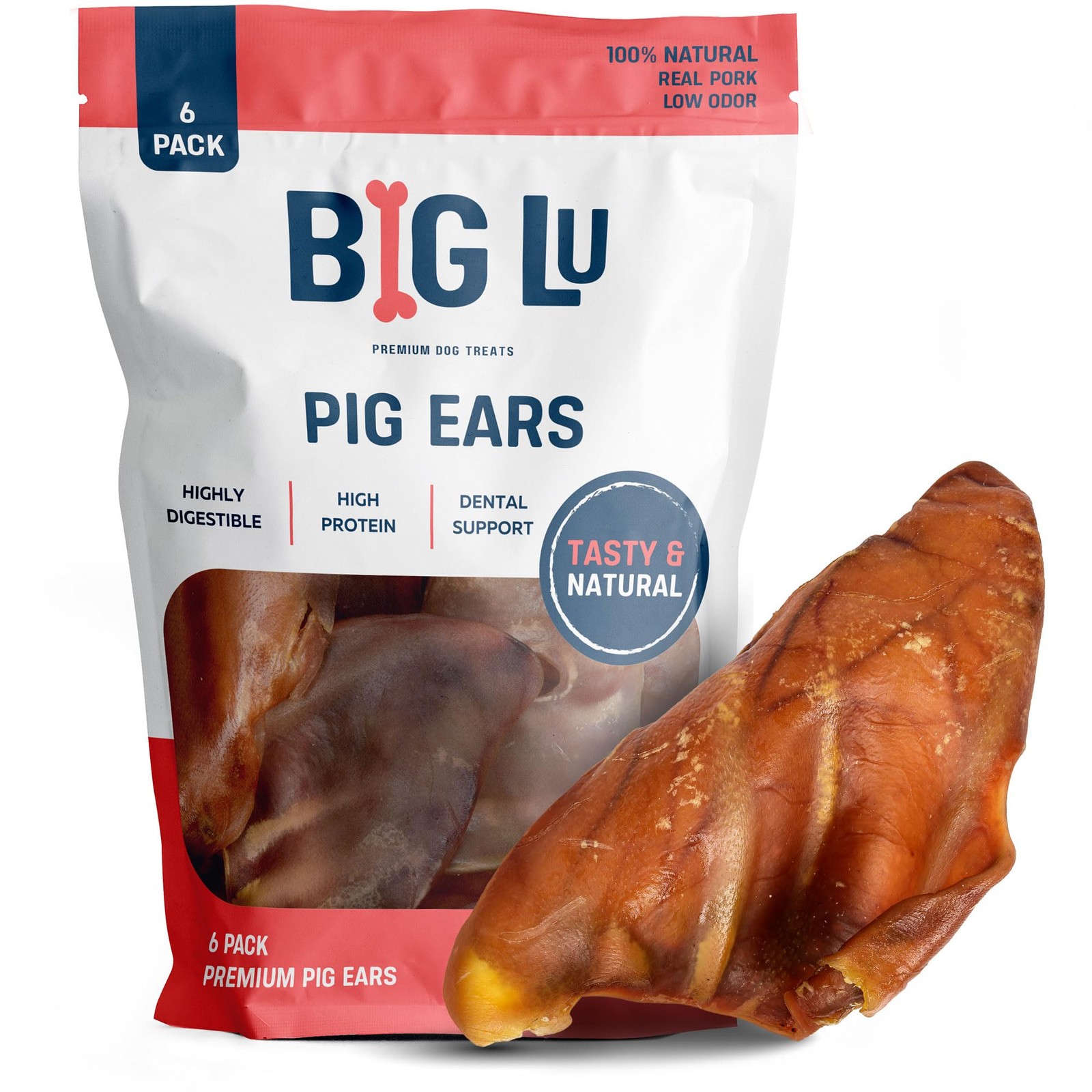 Big Lu Whole Pig Ears for Dogs, 6 Count, All-Natural Single-Ingredient Pork Trea