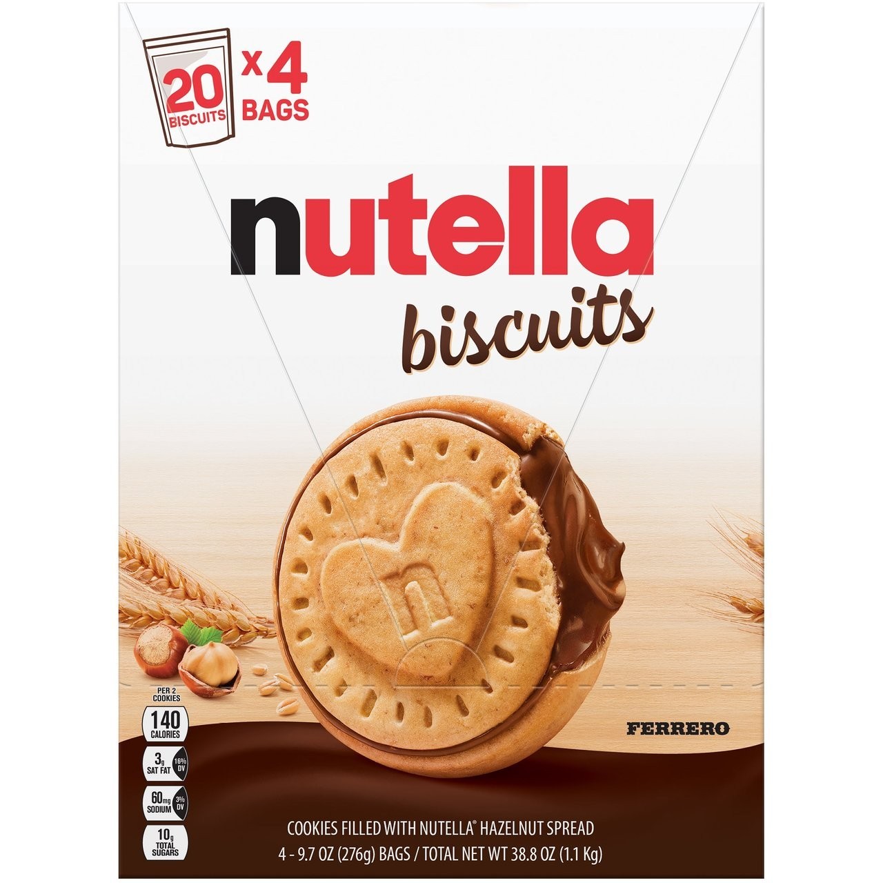 Nutella Biscuits Cookies Filled with Nutella Crunchy Biscuit 38.8 oz 4 Bag Box