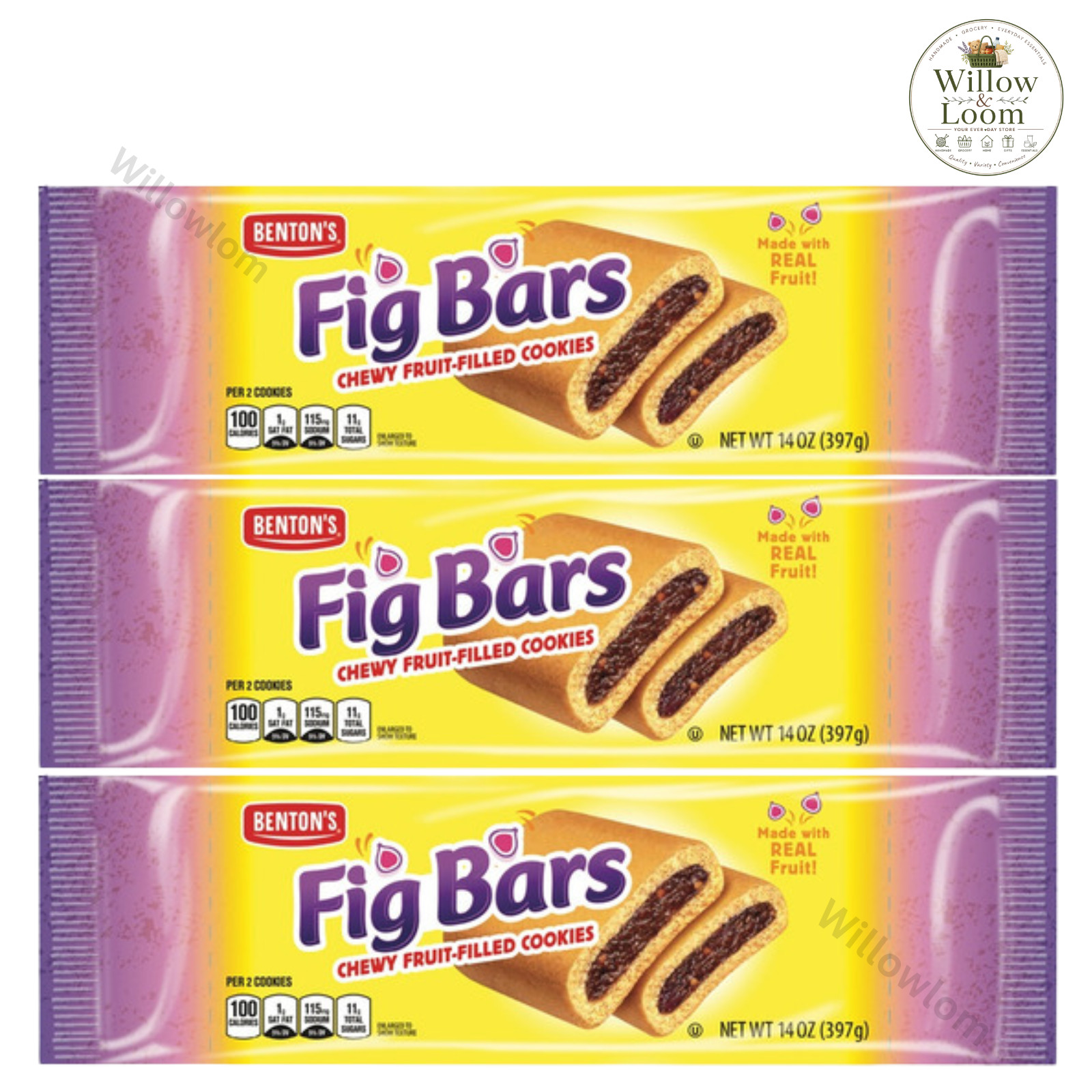 Pack of 3 Benton’s Fig Bars Chewy Fruit Filled Cookies 14oz Real Fruit Snack New