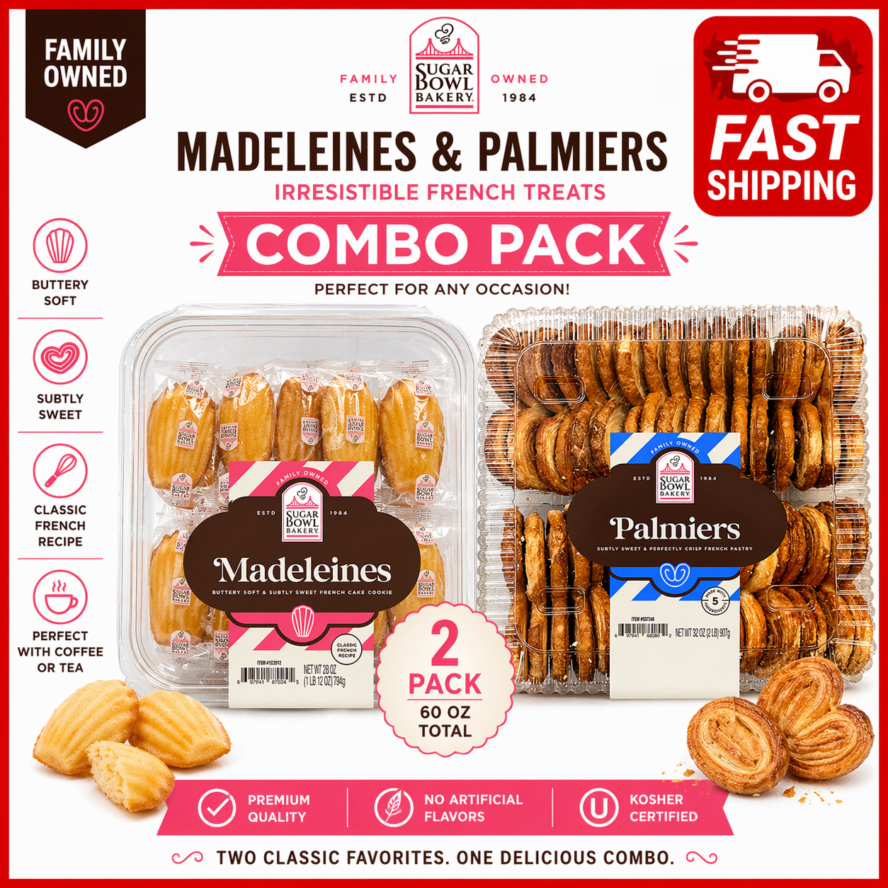 Sugar Bowl Bakery Madeleine Cookies & Petite Palmiers COMBO,no artificial flavor