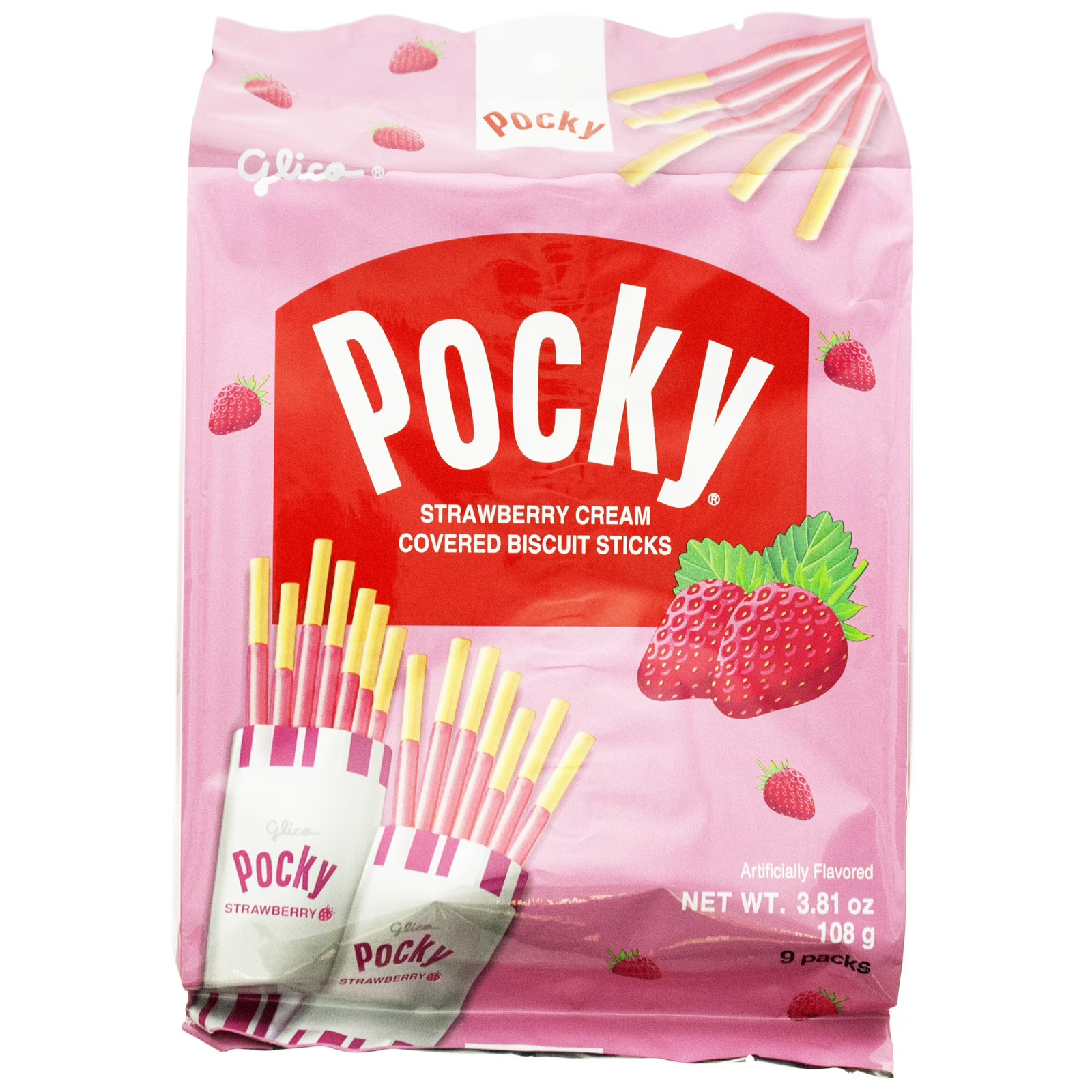 Glico Strawberry Cream Covered Biscuit Sticks, 3.81 Oz, 9 Count.
