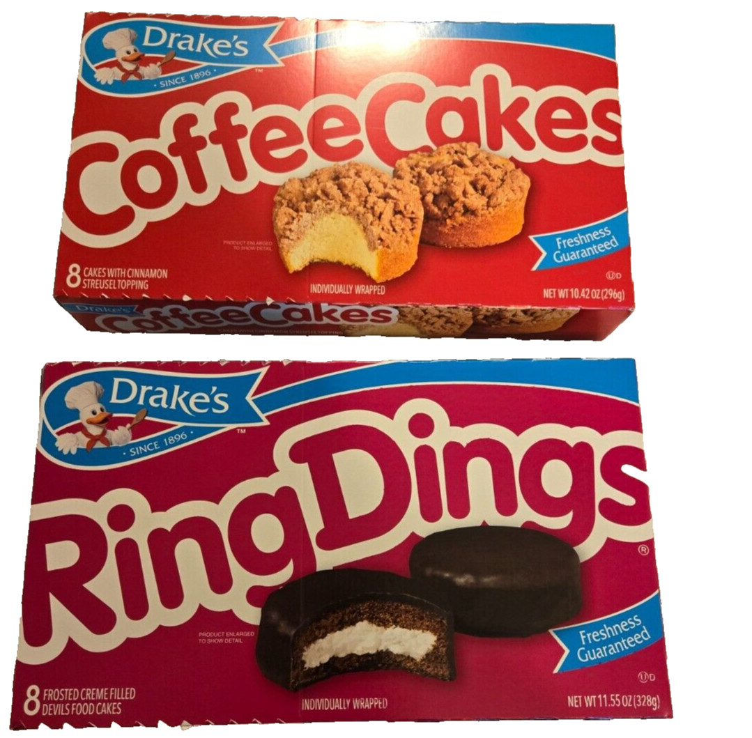 New SAMPLER Drake’s Coffee Cakes AND Ring Dings Cinnamon Chocolate 8ct Each Box
