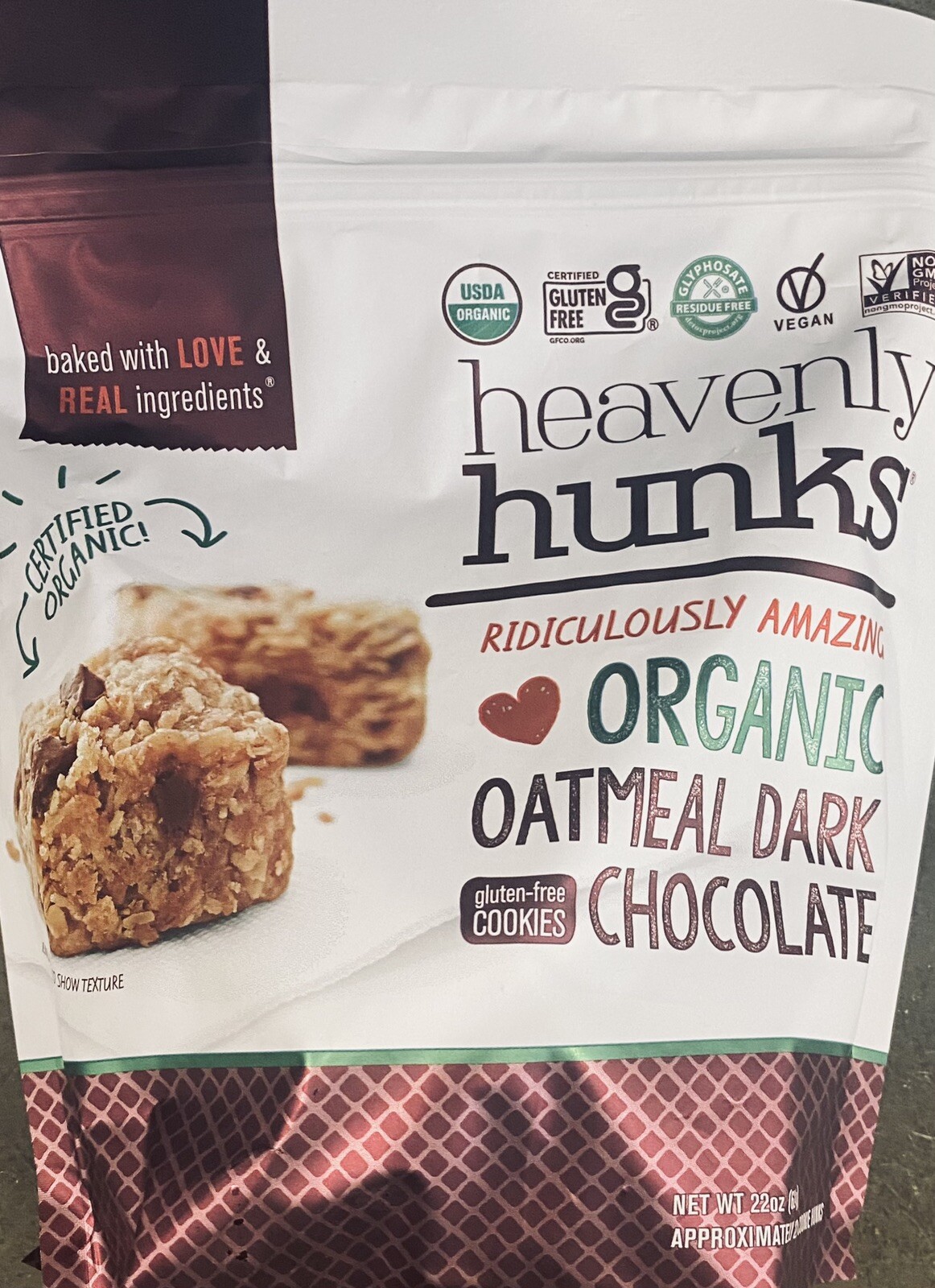 Heavenly Hunks USDA ORGANIC Oatmeal Dark Chocolate GLUTEN FREE Cookies 22 oz Bag