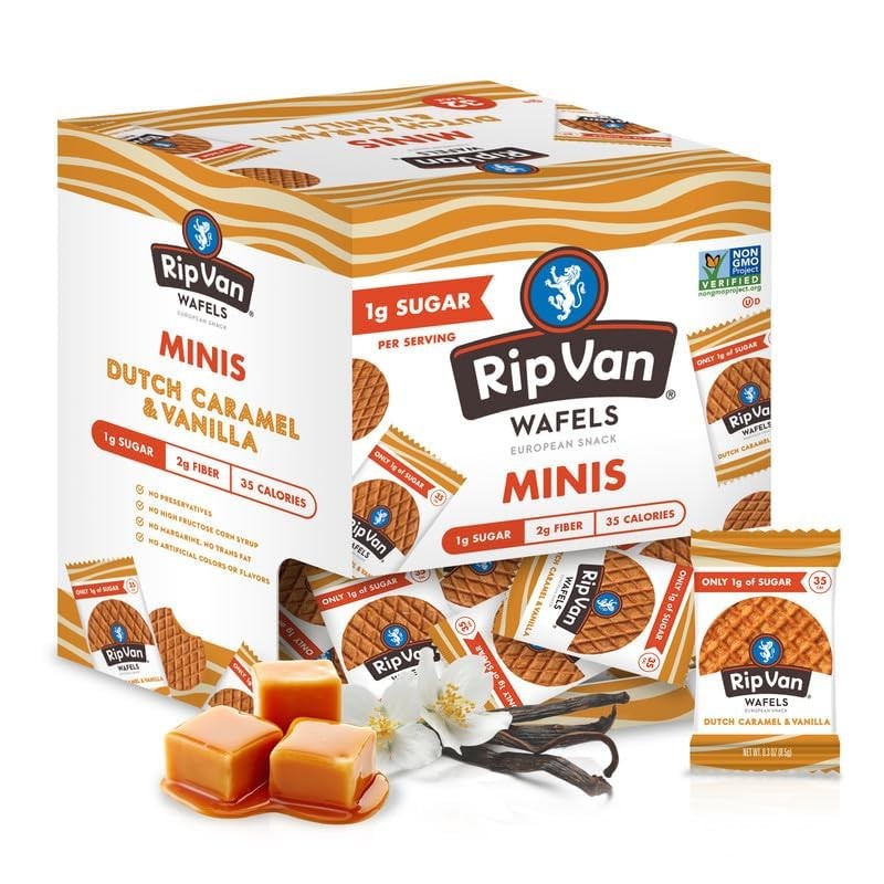 Rip Van Wafels Dutch Caramel Mini Stroopwafels, Low Carb Snacks, Non GMO Snack,