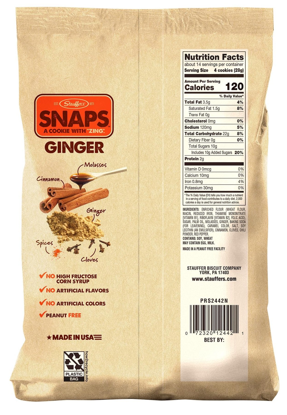 STAUFFERS Ginger SNAPS Cookies 14oz No High Fructose, Artificial Flavors & Color