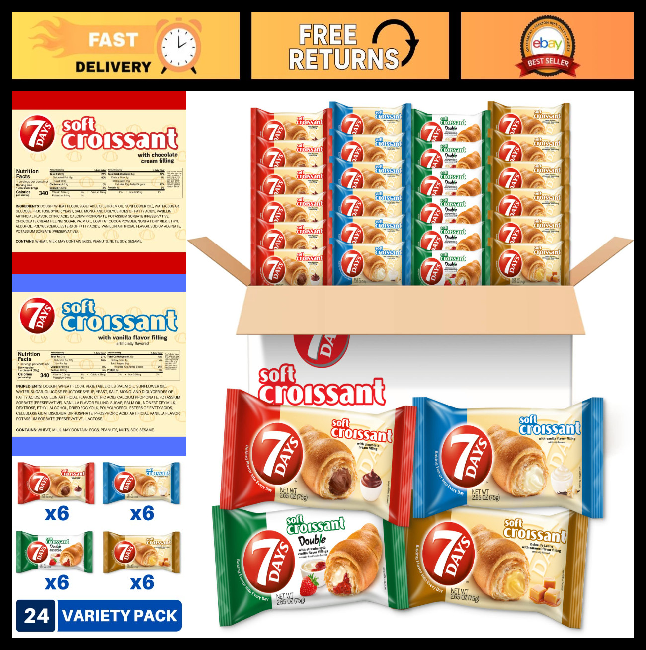 Soft Croissant Variety Pack – 24 Count, Chocolate, Vanilla, Strawberry, Caramel