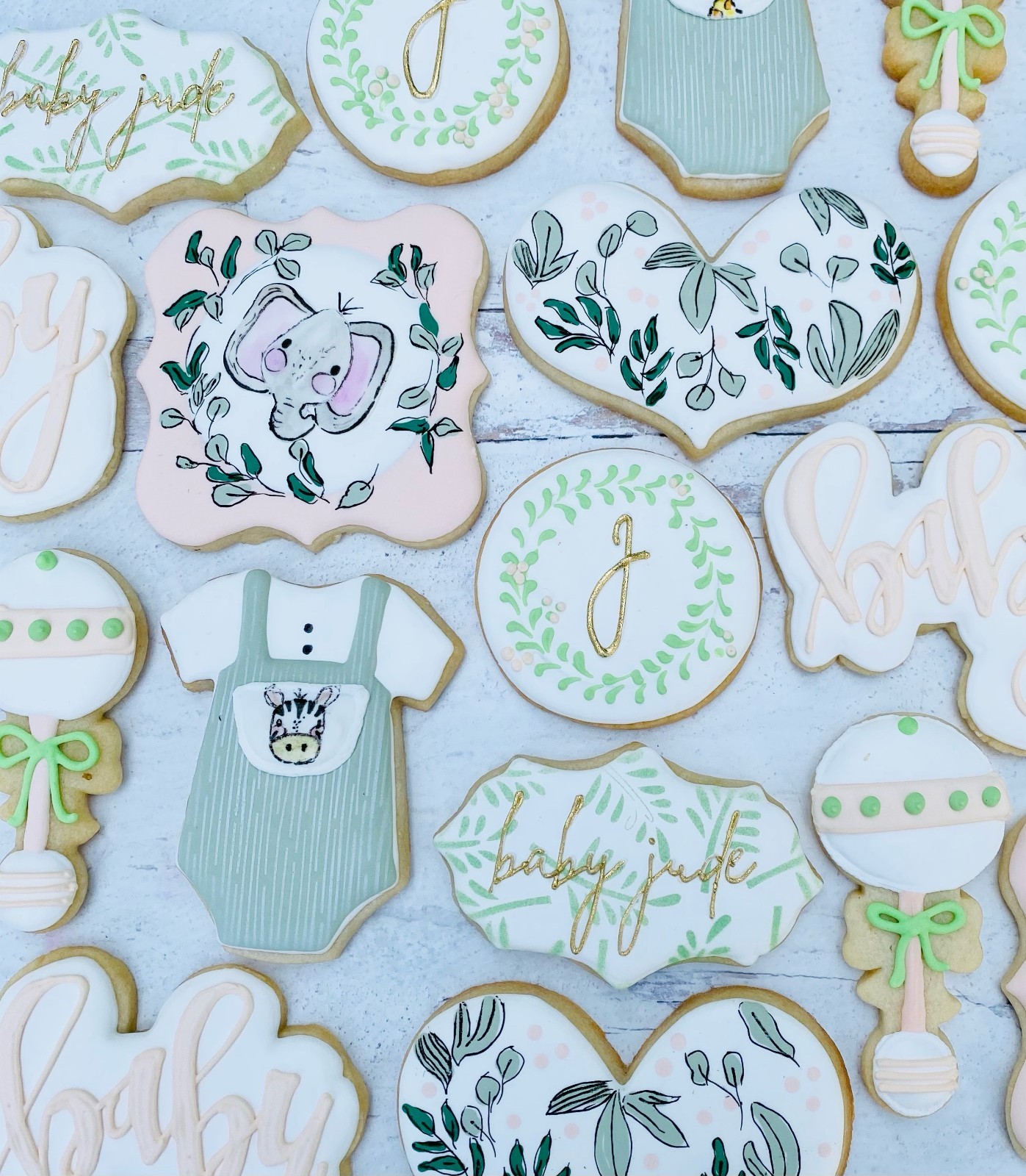 BOY SHOWER COOKIES RATTLES 1- PIECE ROMPER HEARTS BANNERS PERSONALIZATION JUNGLE
