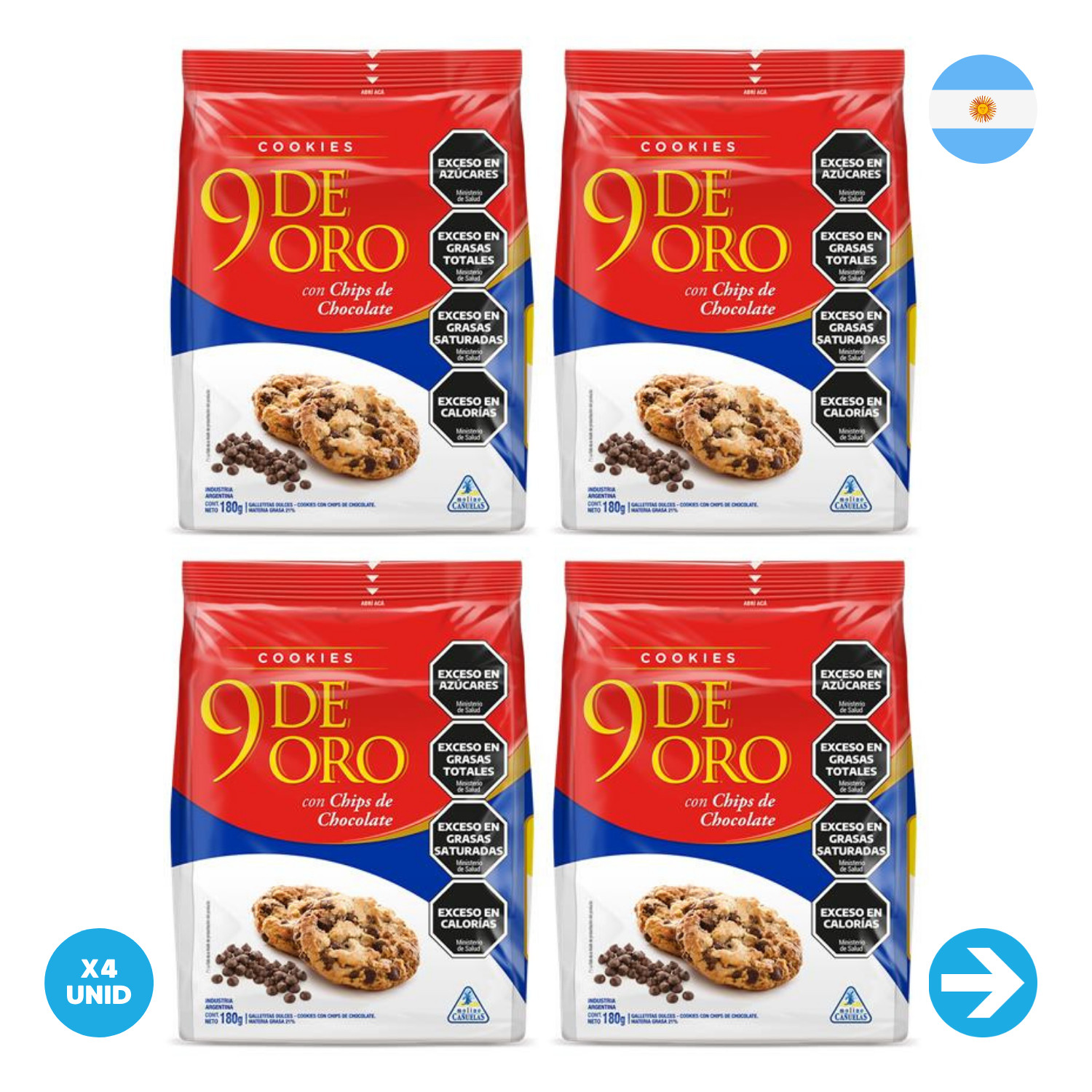 9 De Oro – Cookies Chips De Chocolate 180g x4 Unid