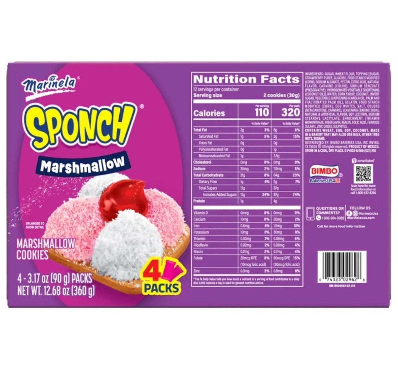 🟠 New Mexican Marinela SPONCH Marshmallow Cookies Snack Cake 4 Packs 12.68oz