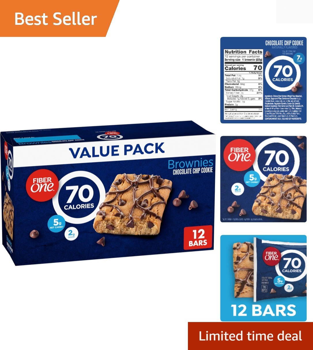 70 Calorie Brownies, Chocolate Chip Cookie Snack Bars, 2g Sugar, Value Pack, …