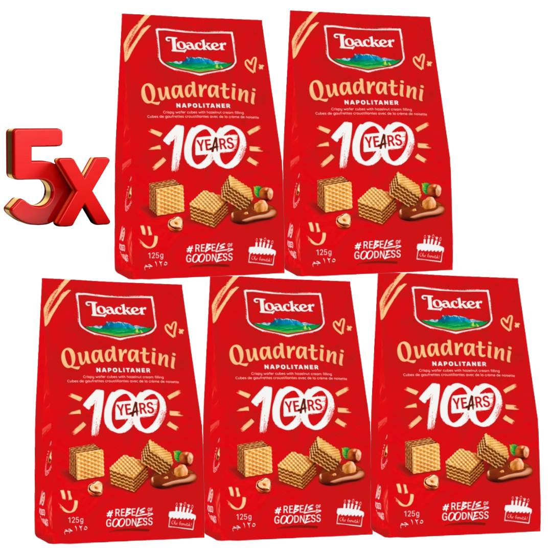 Loacker Quadratini Napolitaner Hazelnut Bite Size Wafers 125g / 4.45oz (5 Pack)