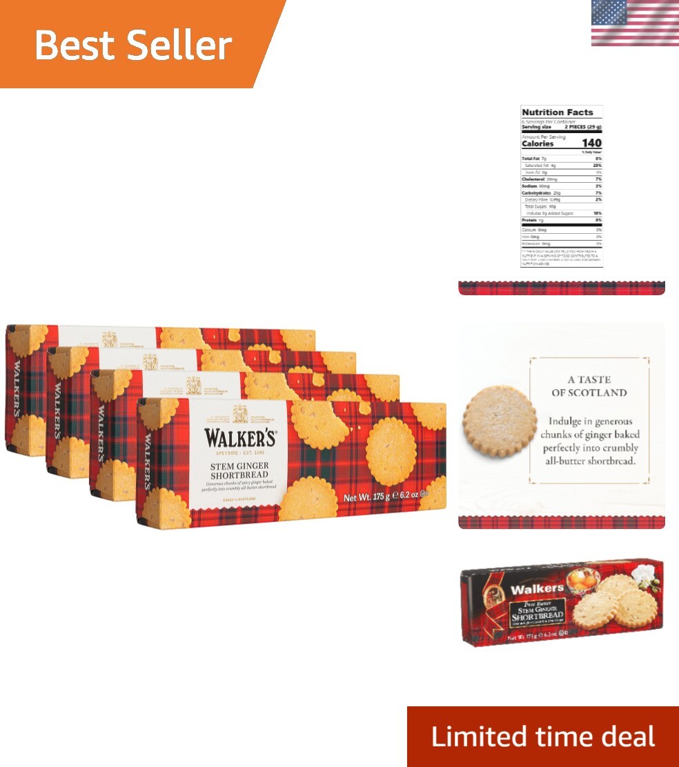 Walker’s All-Butter Stem Ginger Cookies, 24.8 Oz – Pack of 4, Delightfully Crisp