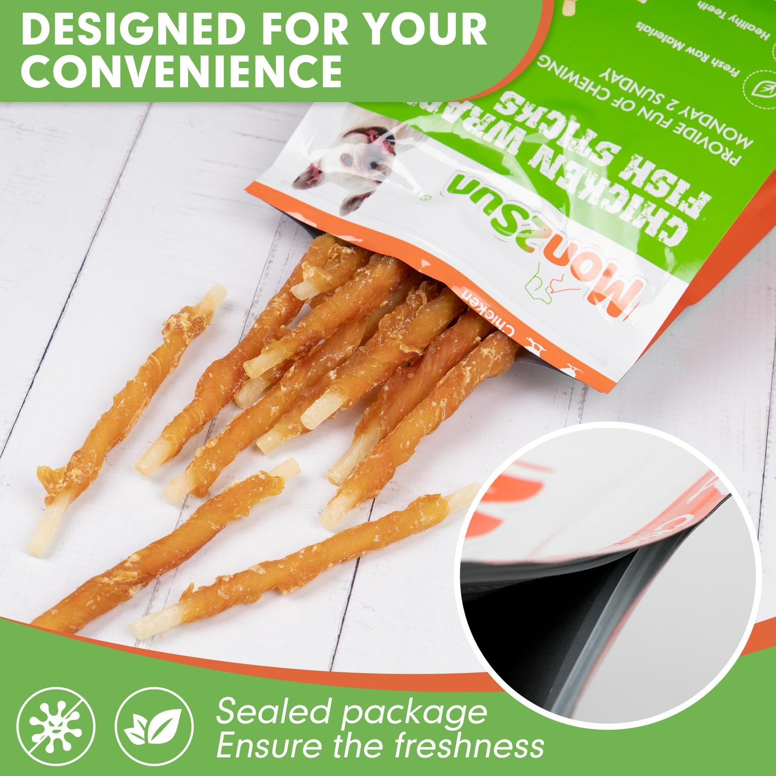 MON2SUN Rawhide Free Dog Treats – Chicken Wrapped Cod Sticks for Small Dogs, Hea