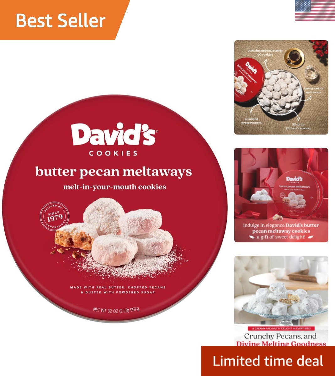 Delicious Butter Pecan Meltaways – 32oz Can of Kosher Shortbread Cookies
